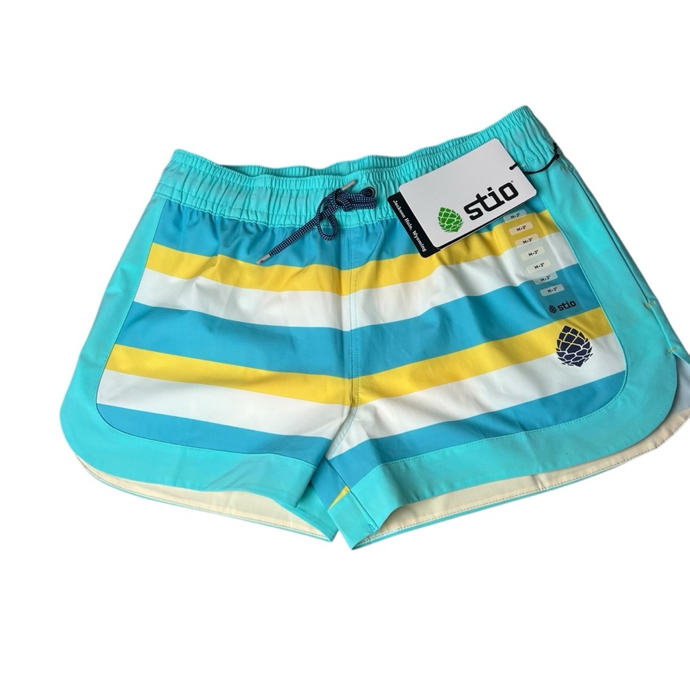 Stio NWT Women’s CFS Drifter Shorts Hot Spring Bold Stripe Size Medium Blue